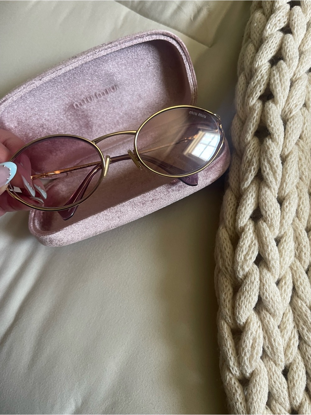 Miu Miu Gold Frame Pink Lens Sunglasses with Pink Velvet Case